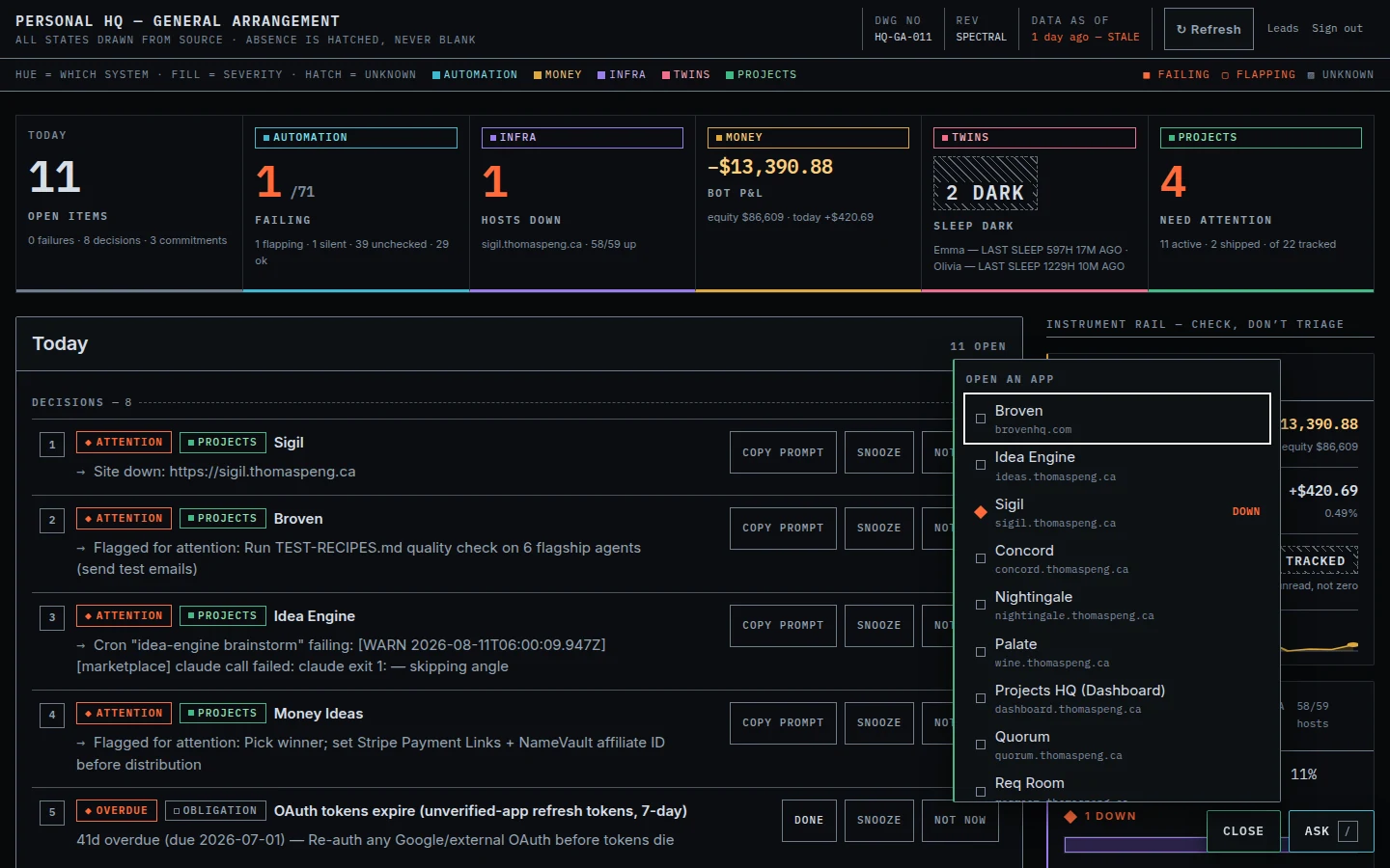 The dashboard with the app launcher open in the bottom-right corner